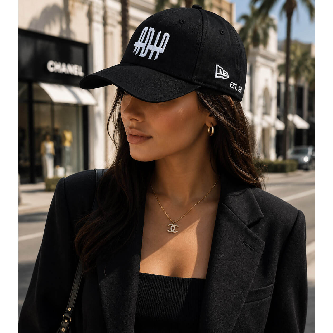 ADIP black luxury cotton cap with white embroidered logo and Beverly Hills 90210 artist-designed style
