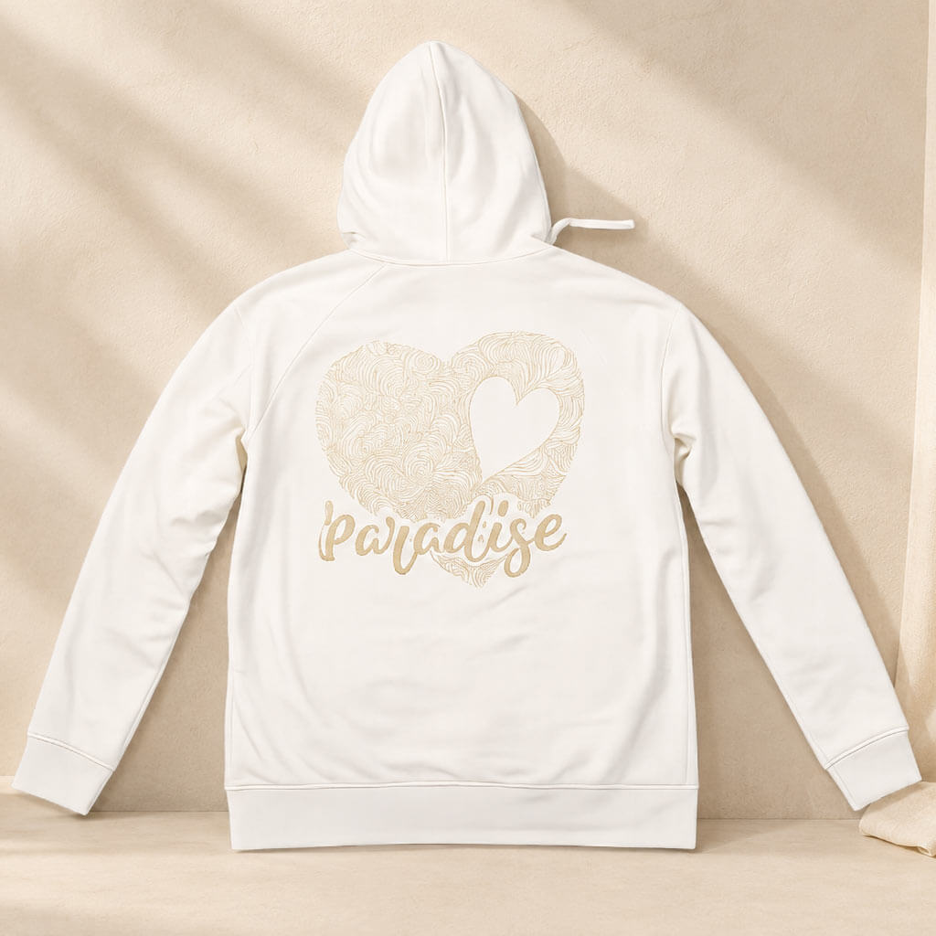 Ivory ADIP cotton hoodie with spiritual wearable art design and tonal back graphic
