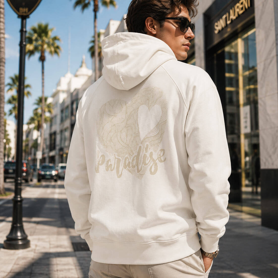 ADIP ivory luxury cotton hoodie with hand-drawn Beverly Hills 90210 paradise heart artwork