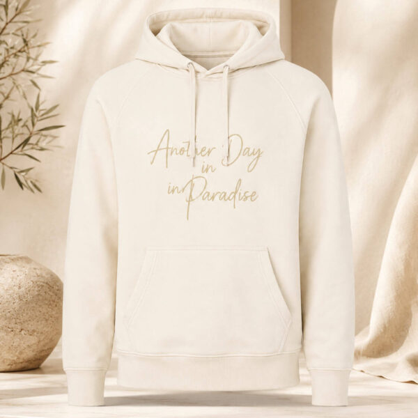 ADIP ivory luxury cotton hoodie with hand-drawn Beverly Hills 90210 paradise heart artwork
